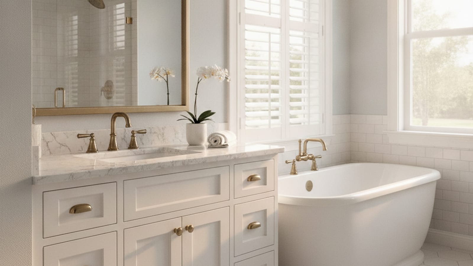 White shaker style bathroom vanity cabinet with brass hardware in a Tampa Bay home