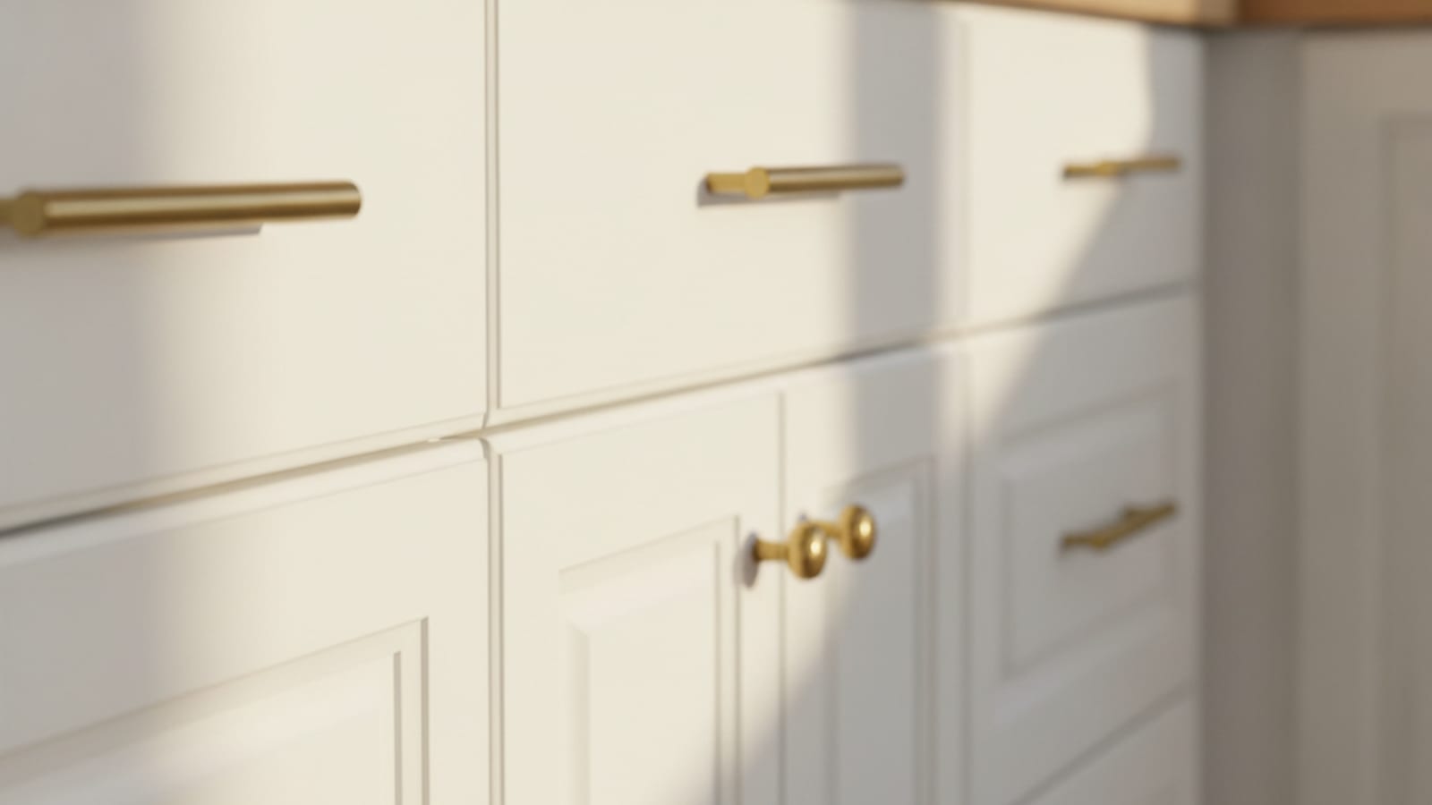 Brushed brass cabinet pulls installed on white kitchen cabinet doors in a Tampa Bay home