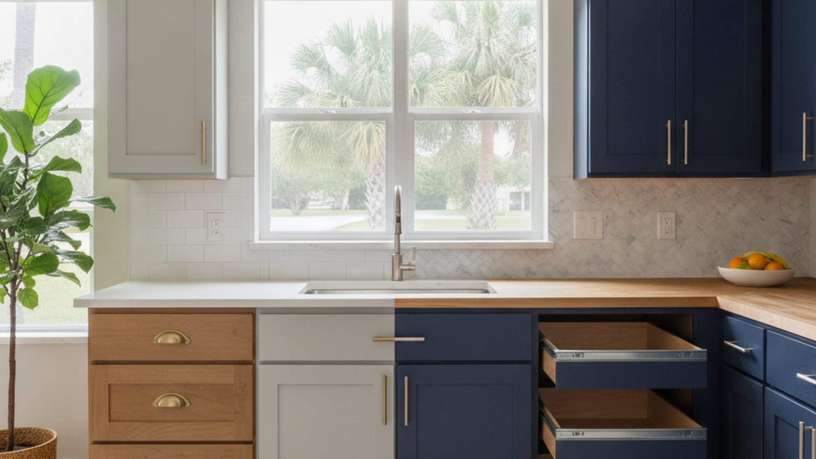 Side by side comparison of refaced and newly installed kitchen cabinets in a Tampa home