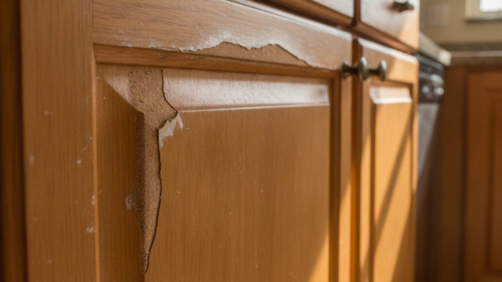Close up of a warped and swollen cabinet door panel showing water and humidity damage
