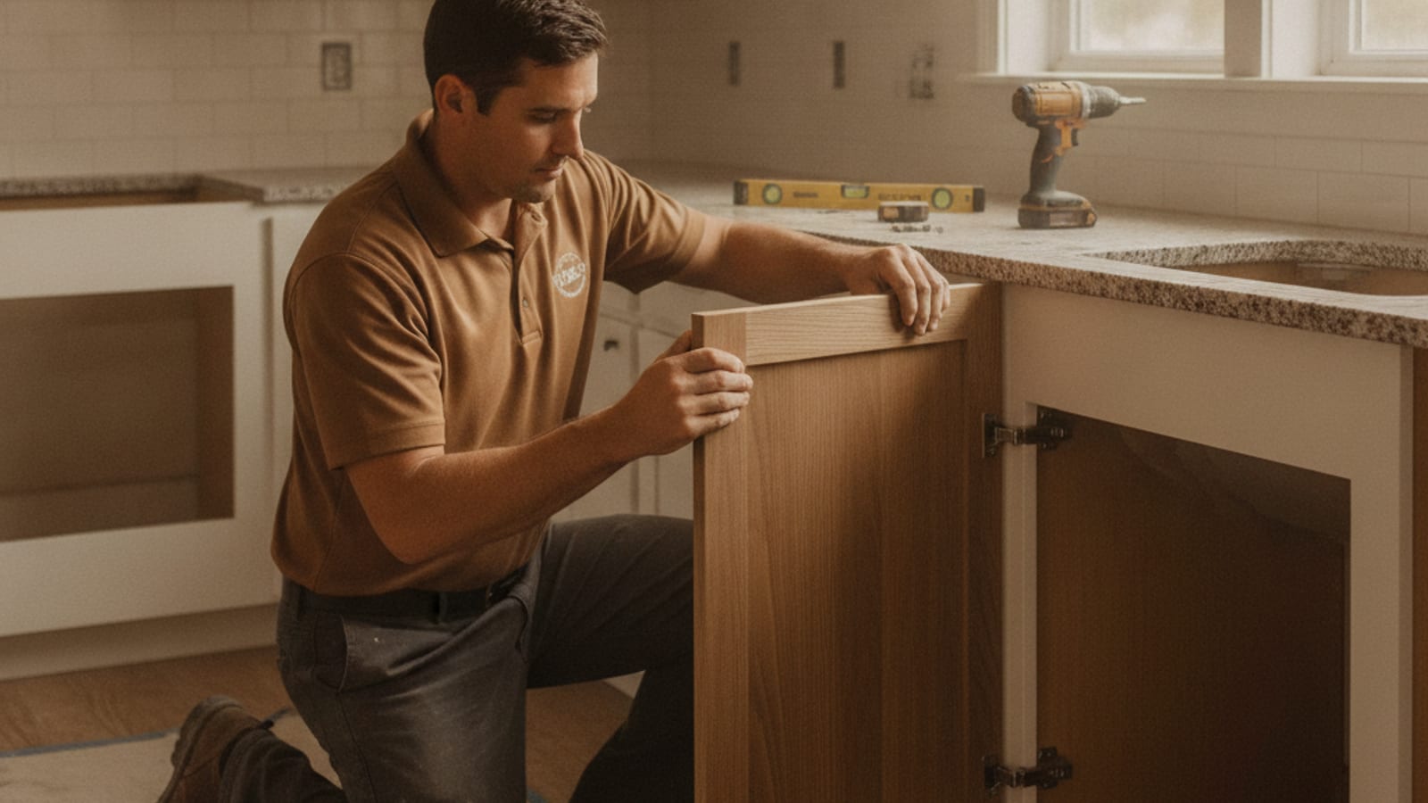 Custom shaker style cabinet doors being fitted in a Tampa Bay kitchen