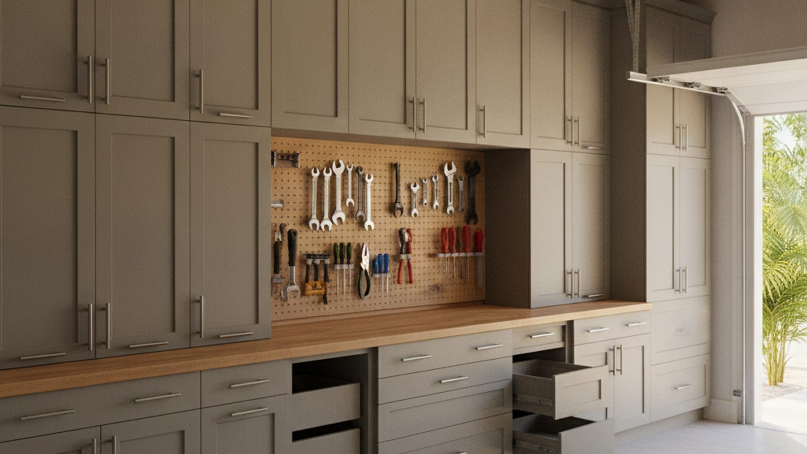 Closed garage storage cabinets with a workbench top in a Tampa Bay home garage