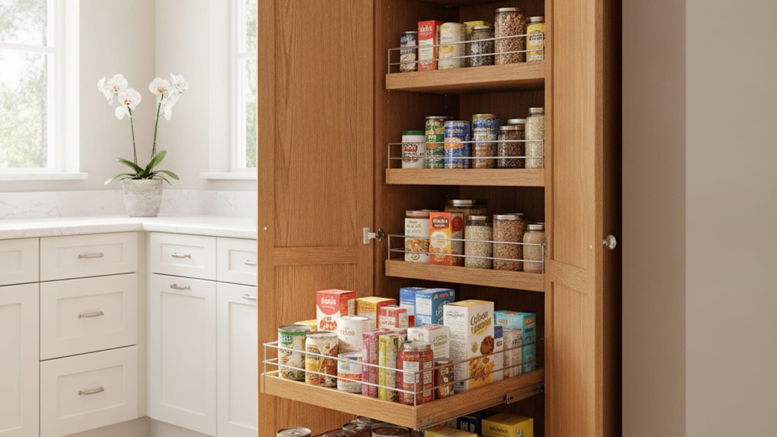 Pull out pantry shelving loaded with organized food storage in a Tampa Bay kitchen