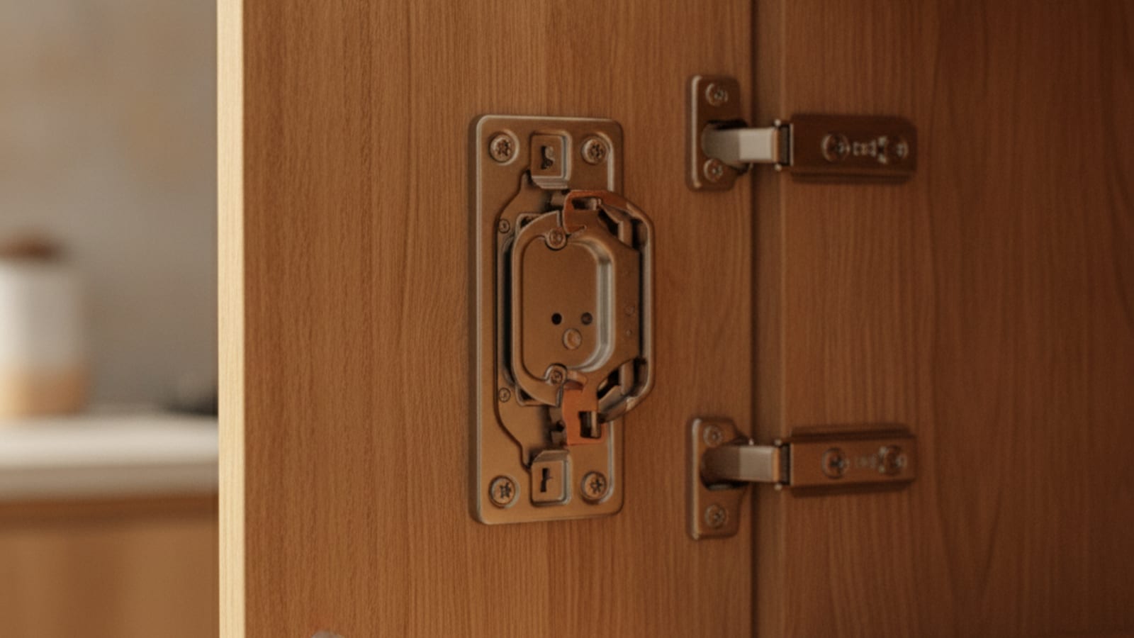 Close up of a soft close cabinet hinge installed on a kitchen door in Tampa