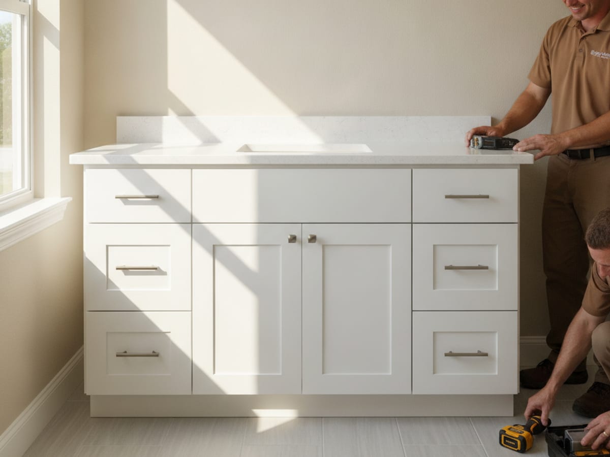Custom bathroom vanity cabinet with sink cutout installed in a Tampa Bay bathroom