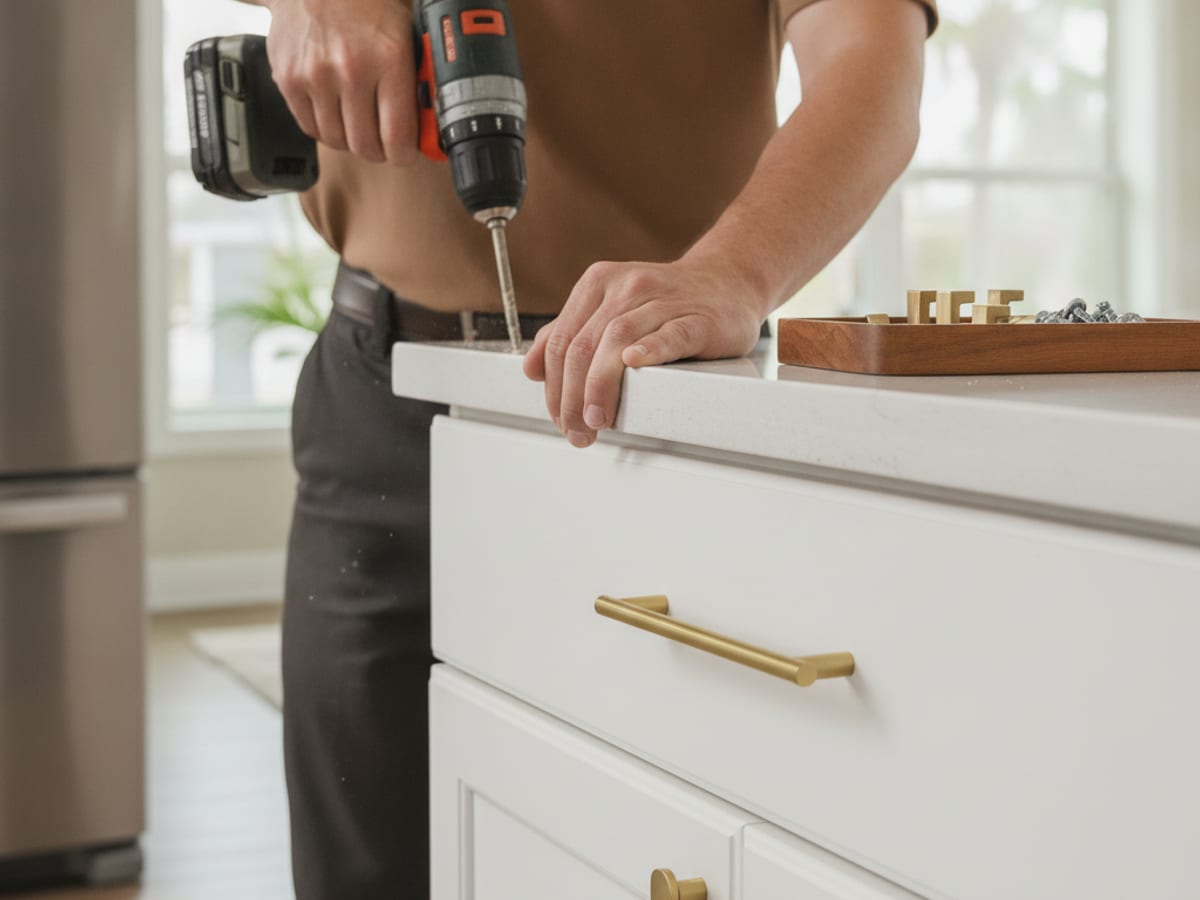 New brushed brass cabinet pulls installed on kitchen cabinet doors in a Tampa Bay home