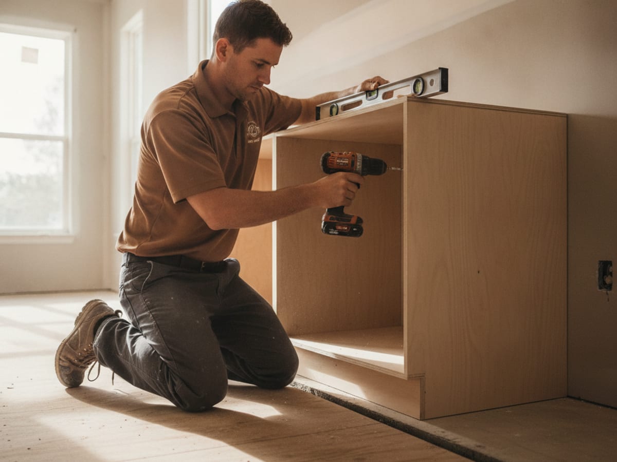 New cabinet boxes being leveled and secured during a Tampa Bay installation