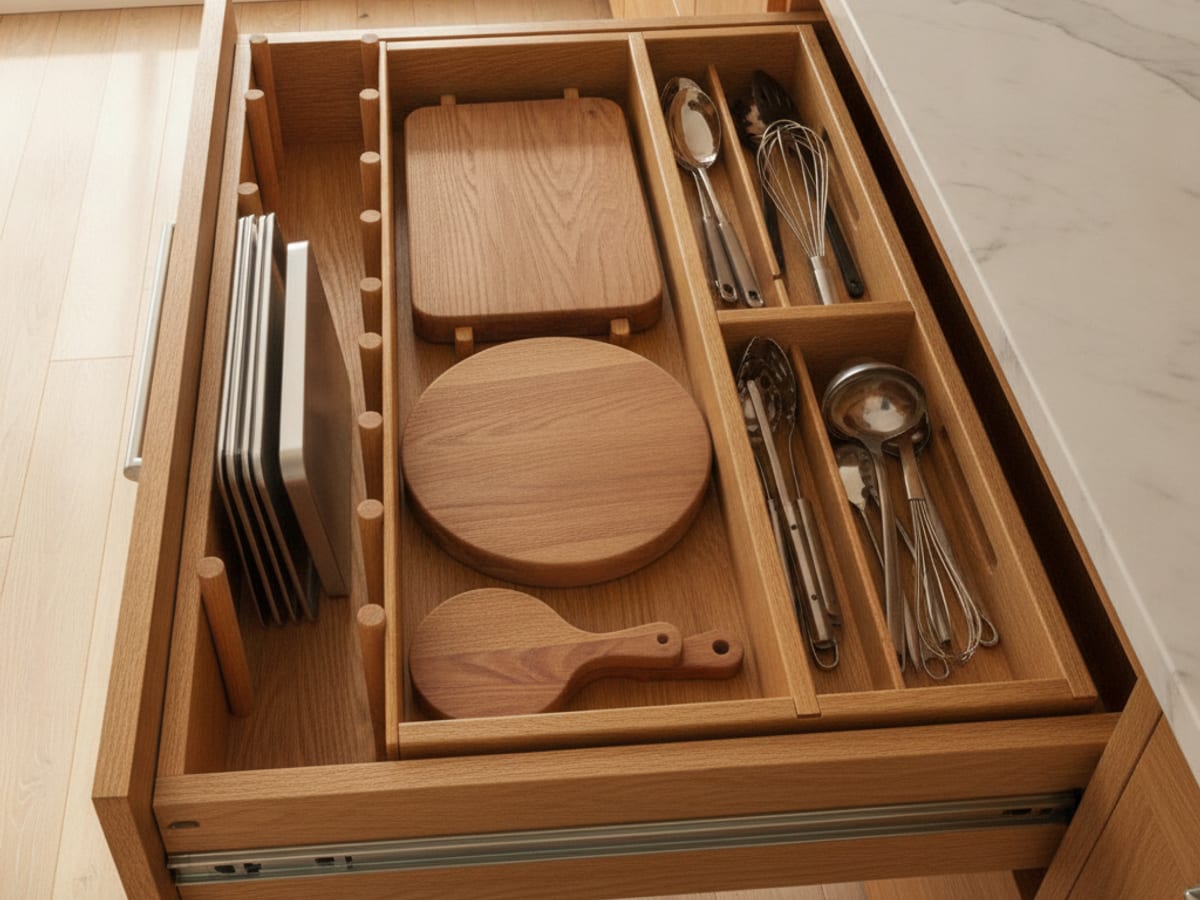 Interior drawer dividers and tray storage installed in a Tampa Bay kitchen cabinet