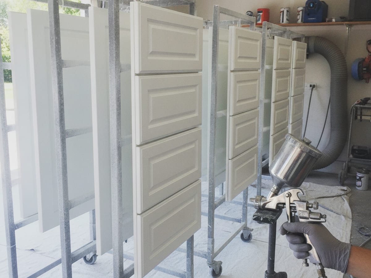 Freshly sprayed cabinet doors drying during a Tampa Bay cabinet painting project