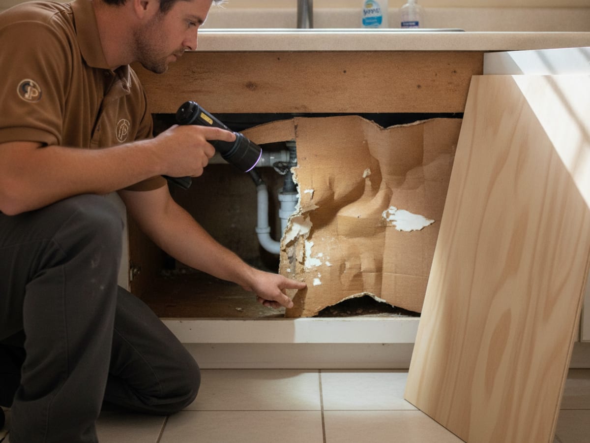Repairing a water-warped cabinet panel in a Tampa Bay kitchen