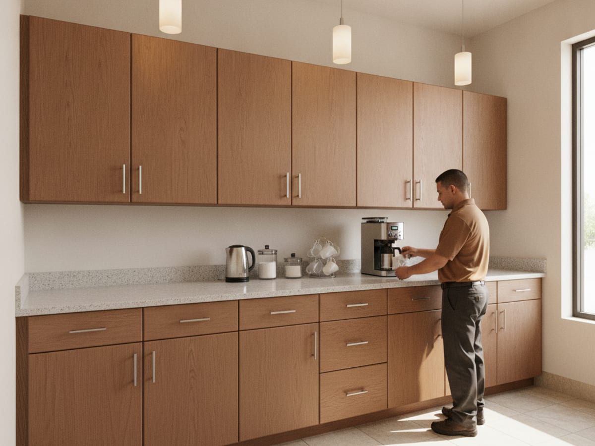 Commercial break room cabinetry installed in a small Tampa Bay office