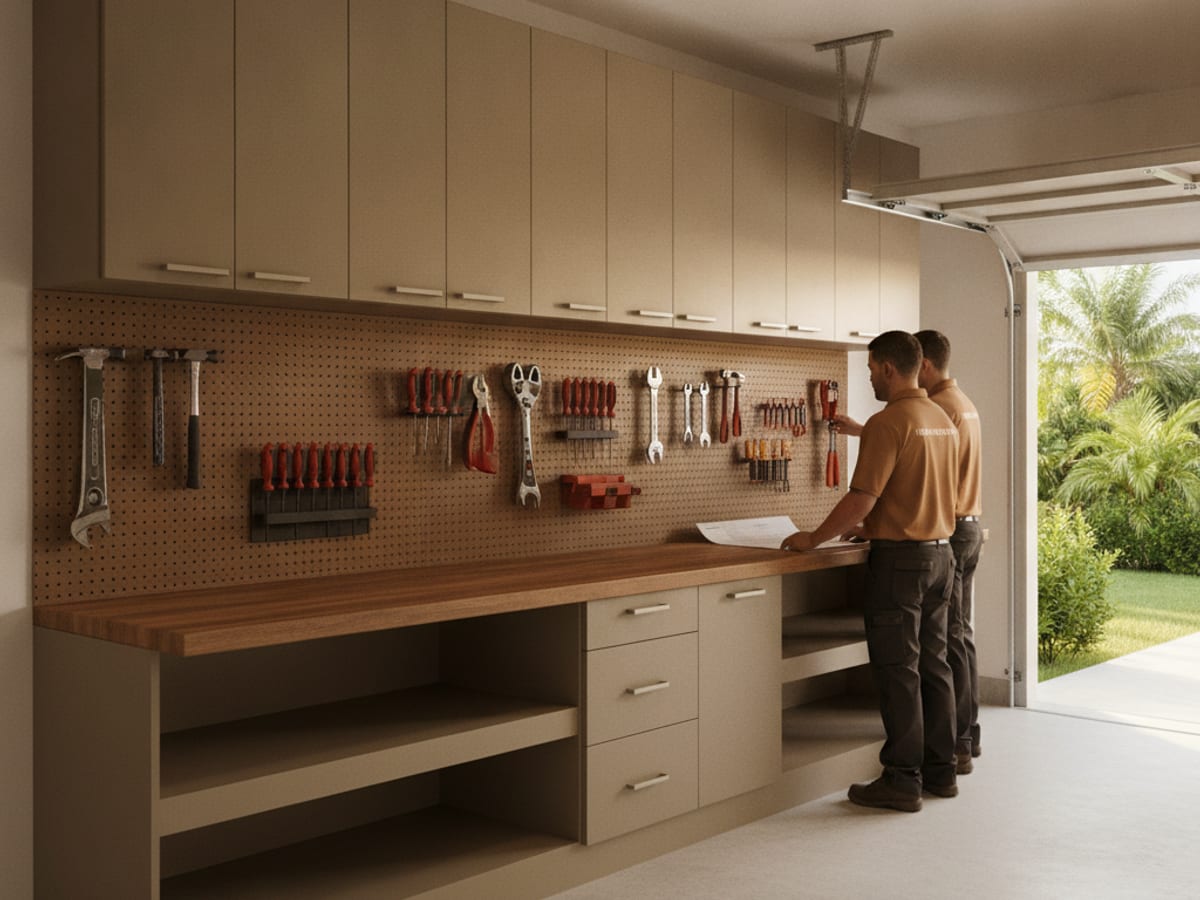 Moisture-resistant garage cabinets with a workbench top installed in a Tampa Bay garage