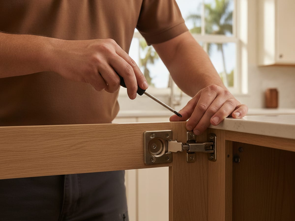 Soft-close hinge being installed on a kitchen cabinet door in a Tampa Bay home