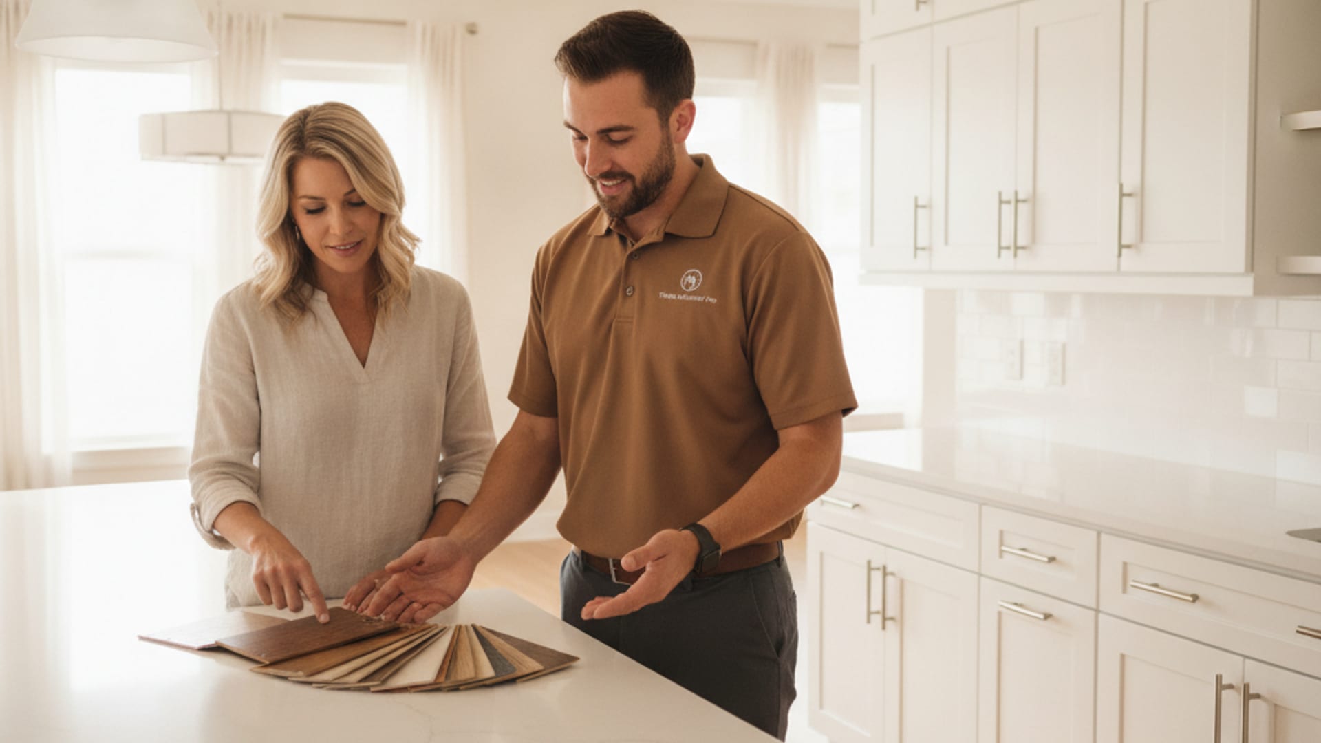 Cabinet crew reviewing kitchen cabinet options with a Tampa Bay homeowner